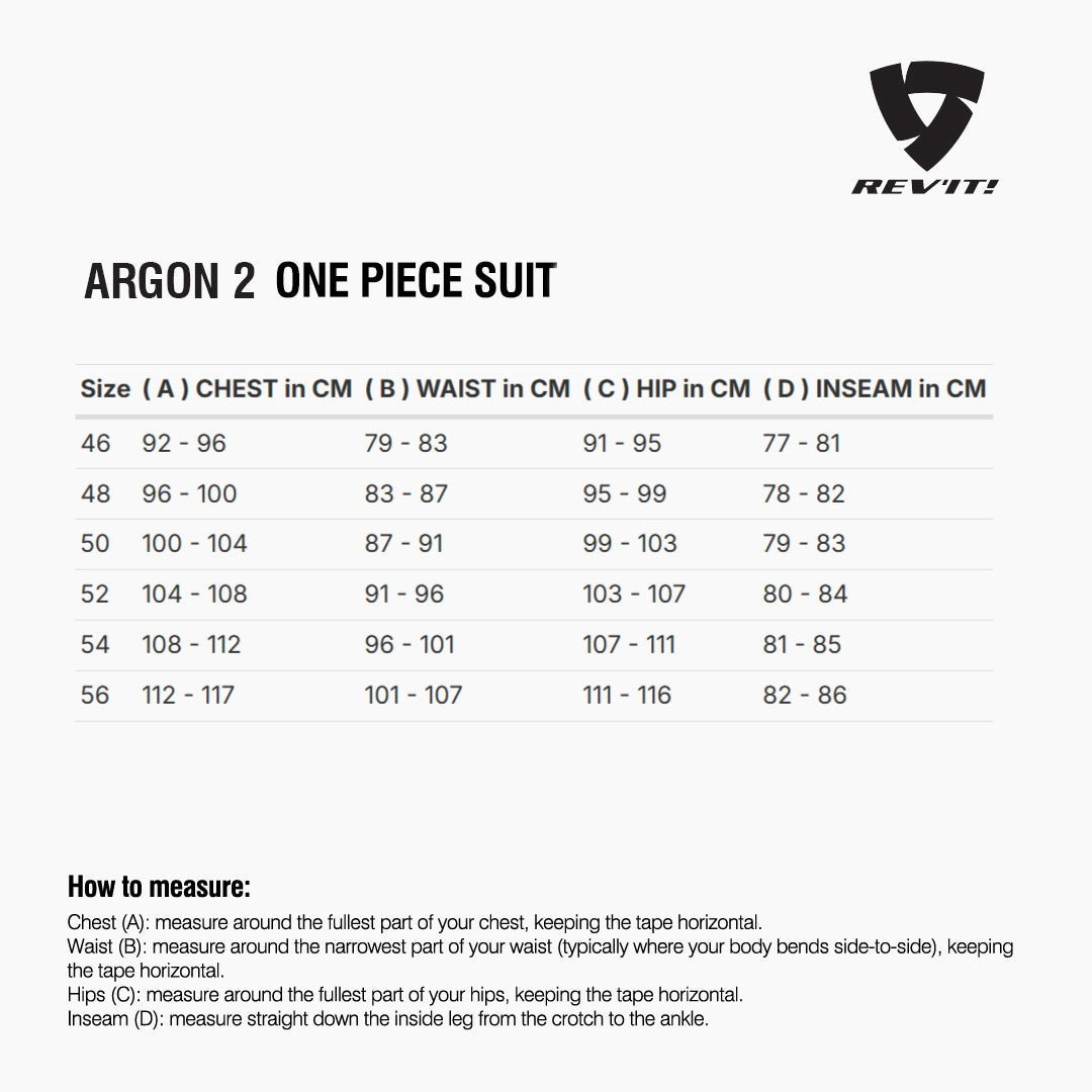 Size chart for REVIT Argon 2 One Piece Suit