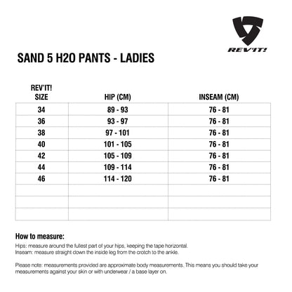 Size chart for REVIT Sand 5 H2O Ladies Pants