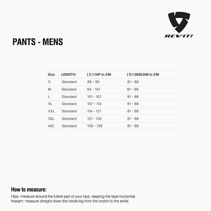 Size chart for REVIT Pants - Mens