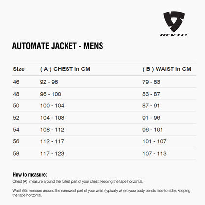Size chart for REVIT Automate Jacket - Mens