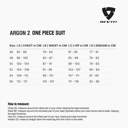 Size chart for REVIT Argon 2 One Piece Suit