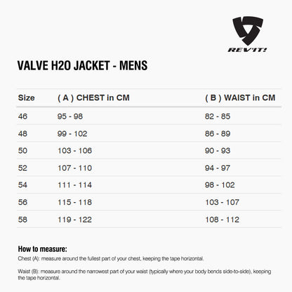 Size chart for REVIT Valve H2O Jacket - Mens