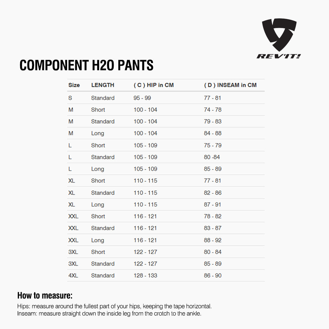 Size chart for REVIT Component 2 Pants