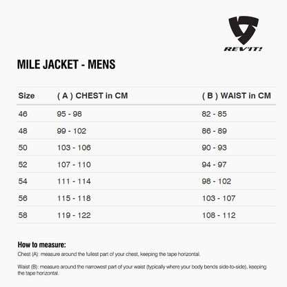 Size chart for REVIT Mile Jacket - Mens
