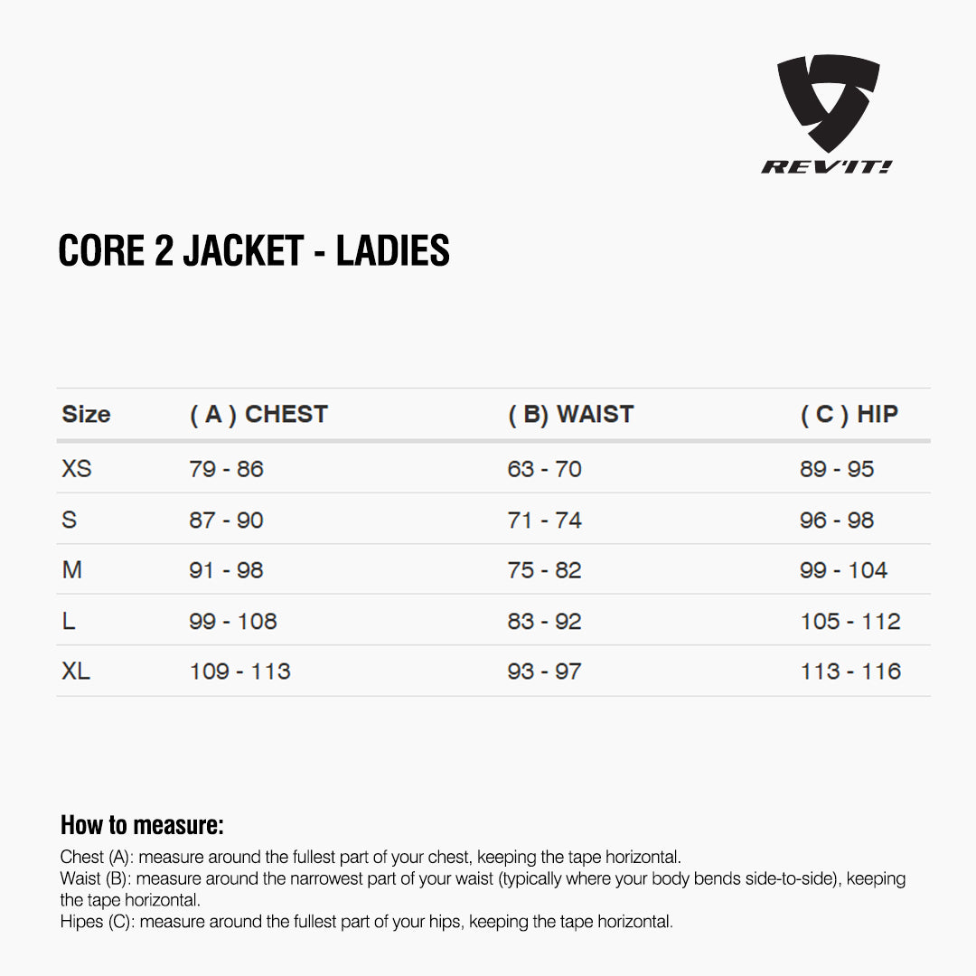 Size chart for REVIT Core 2 - Ladies
