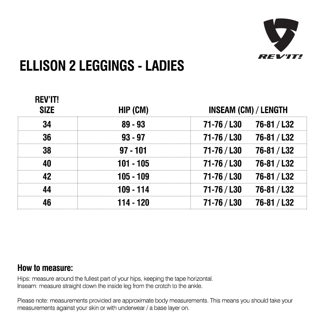 Size chart REVIT Ellison 2 Ladies Leggings
