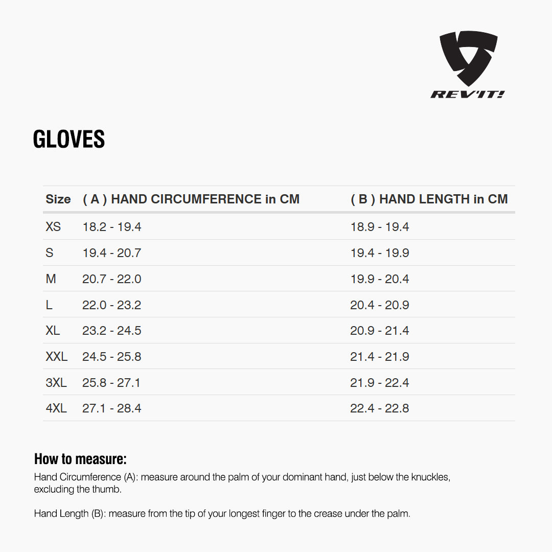 Size chart for REVIT Gloves - Mens