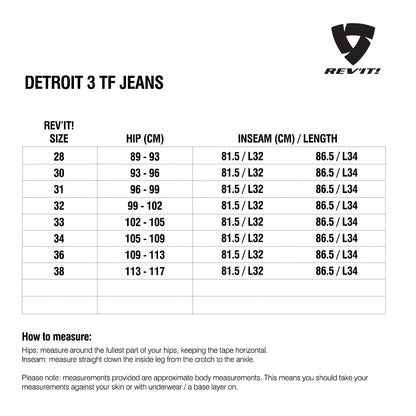 Size chart for REVIT Detroit 3 TF Jeans - Mens