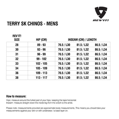 Size chart for REVIT Terry SK Chino - Mens