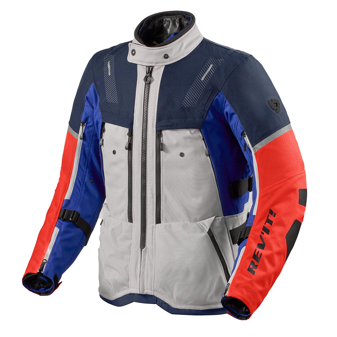 Multicolored jacket with 'REV'IT!' branding on a white background